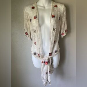 Silk beaded Cream Tie-Front Sweater with Floral Accents